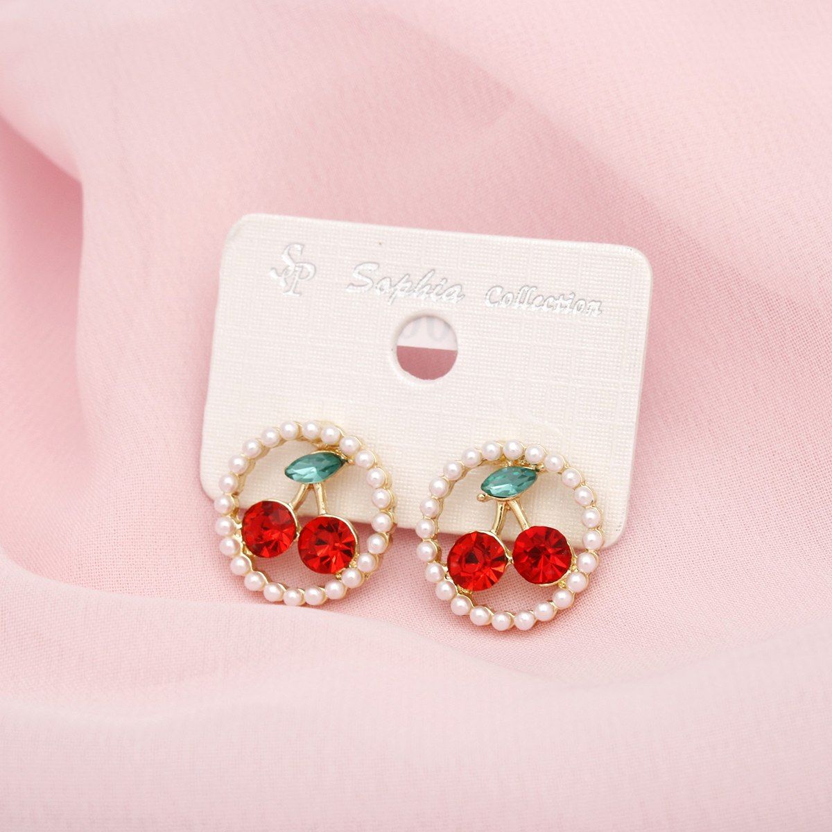 Gold Cherry Stud Earrings with Cream Pearl and Red Rhinestones
