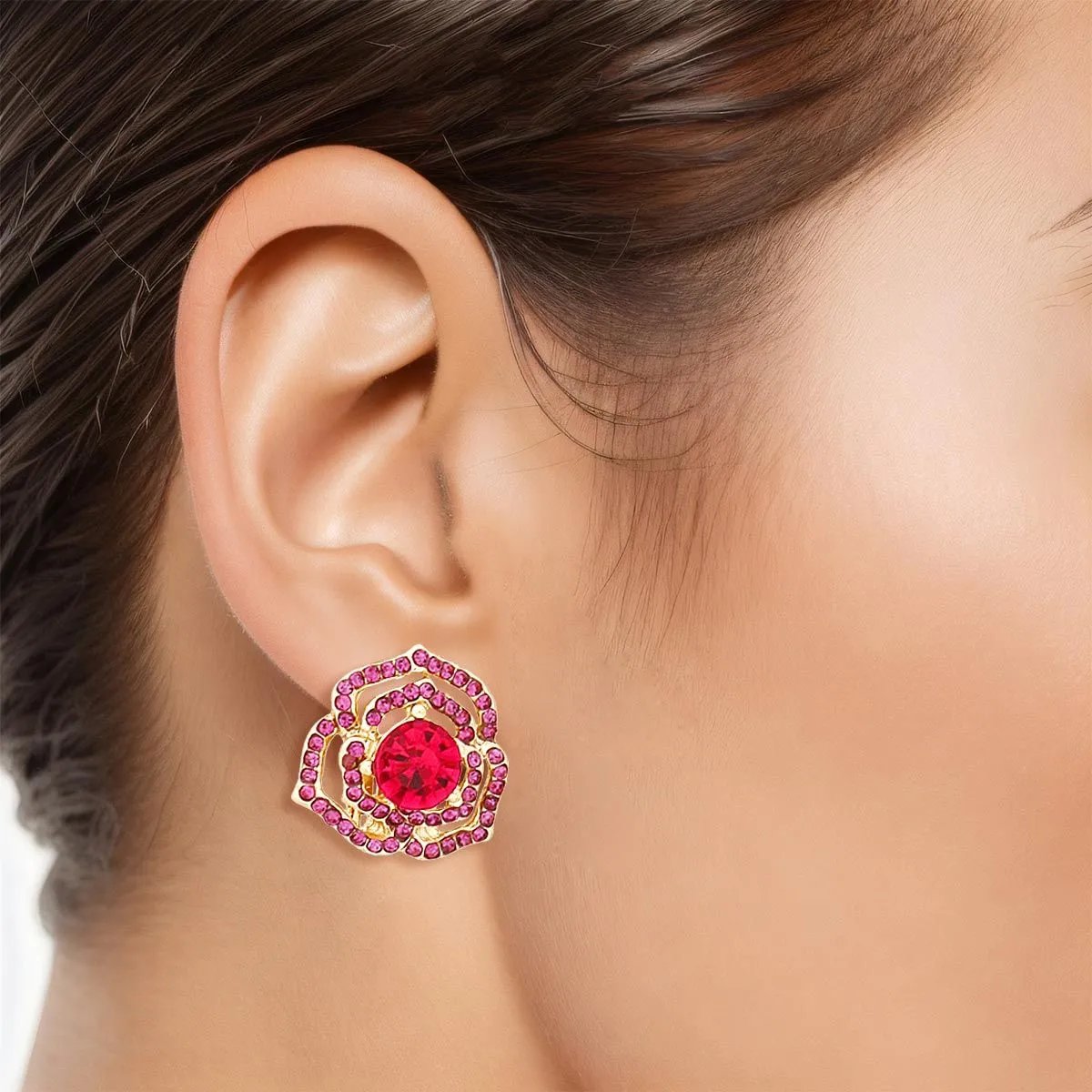 Small Gold Fuchsia Rose Clip-On Earrings with Rhinestones – Paddle Back, Non-Pierced