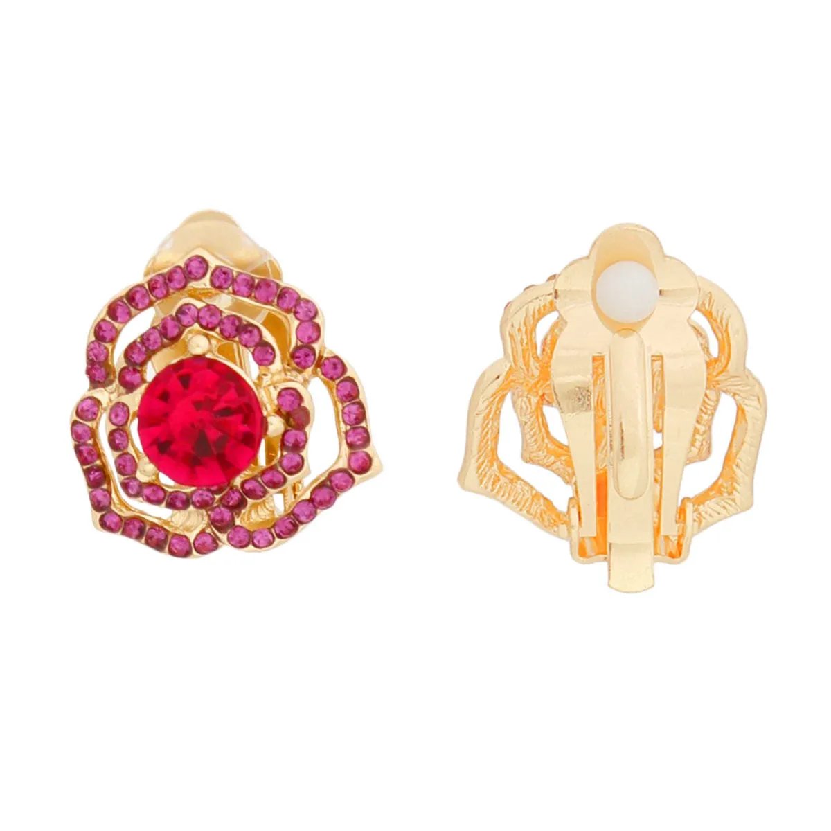 Small Gold Fuchsia Rose Clip-On Earrings with Rhinestones – Paddle Back, Non-Pierced