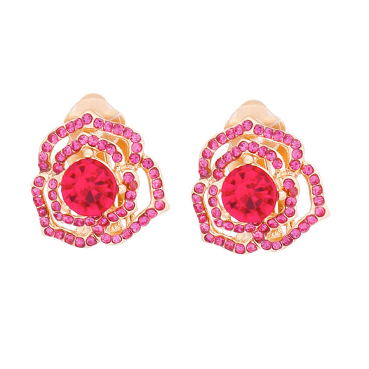 Small Gold Fuchsia Rose Clip-On Earrings with Rhinestones – Paddle Back, Non-Pierced Pinktown