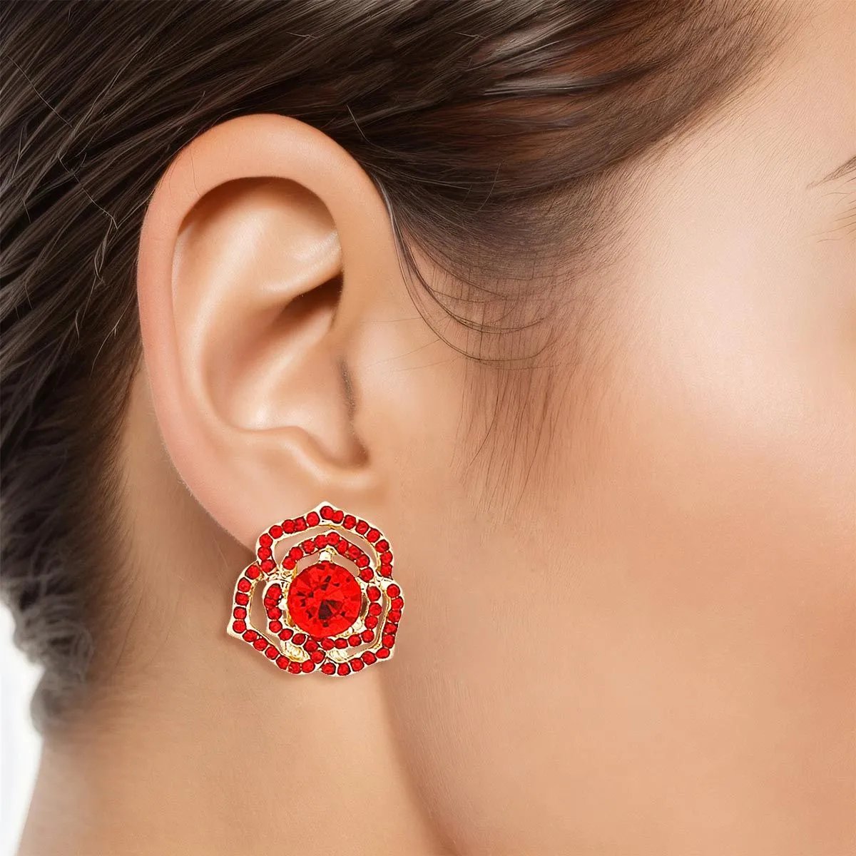 Small Gold Rose Clip-On Earrings with Red Rhinestones – Paddle Back, Non-Pierced