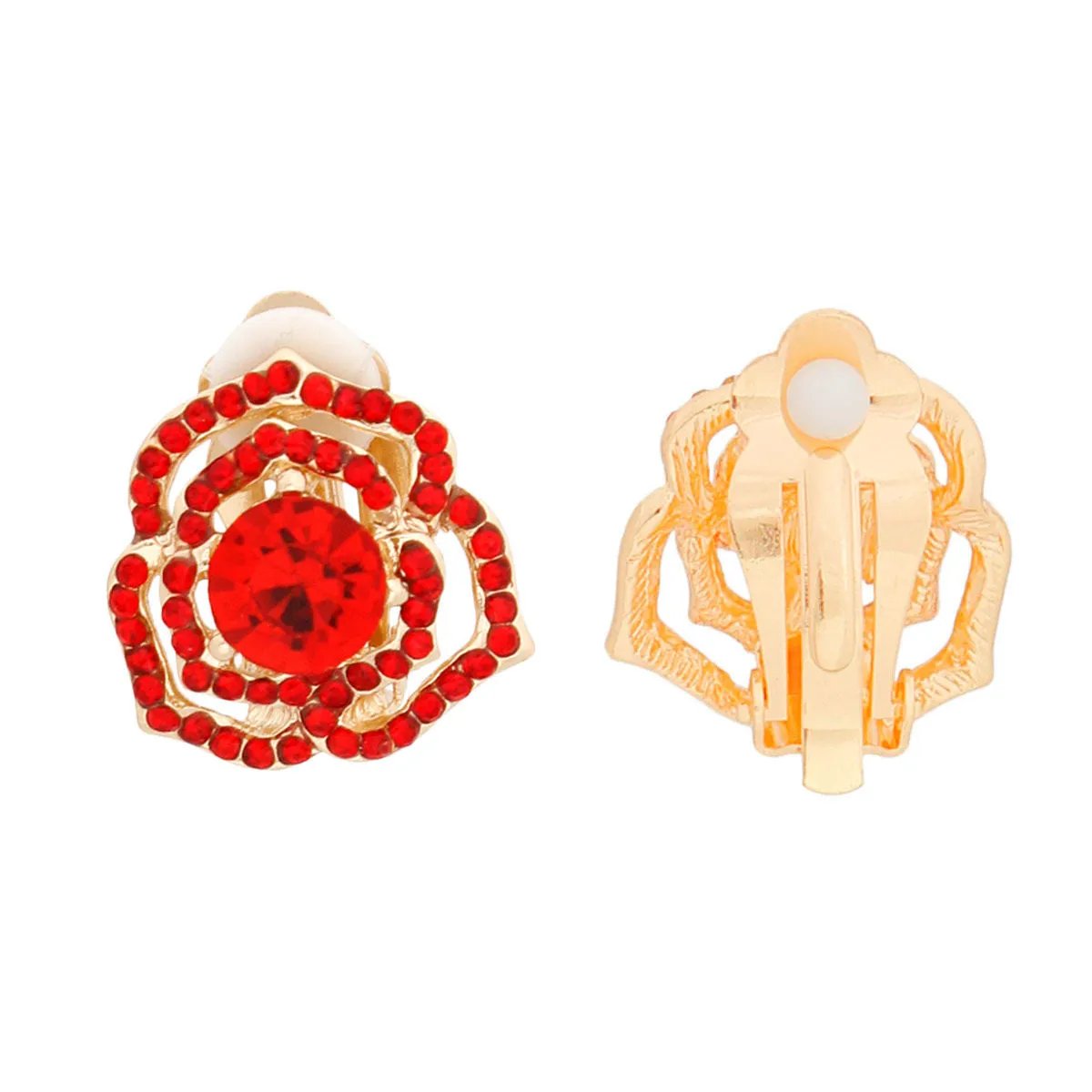 Small Gold Rose Clip-On Earrings with Red Rhinestones – Paddle Back, Non-Pierced