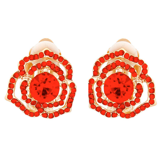 Small Gold Rose Clip-On Earrings with Red Rhinestones – Paddle Back, Non-Pierced Pinktown