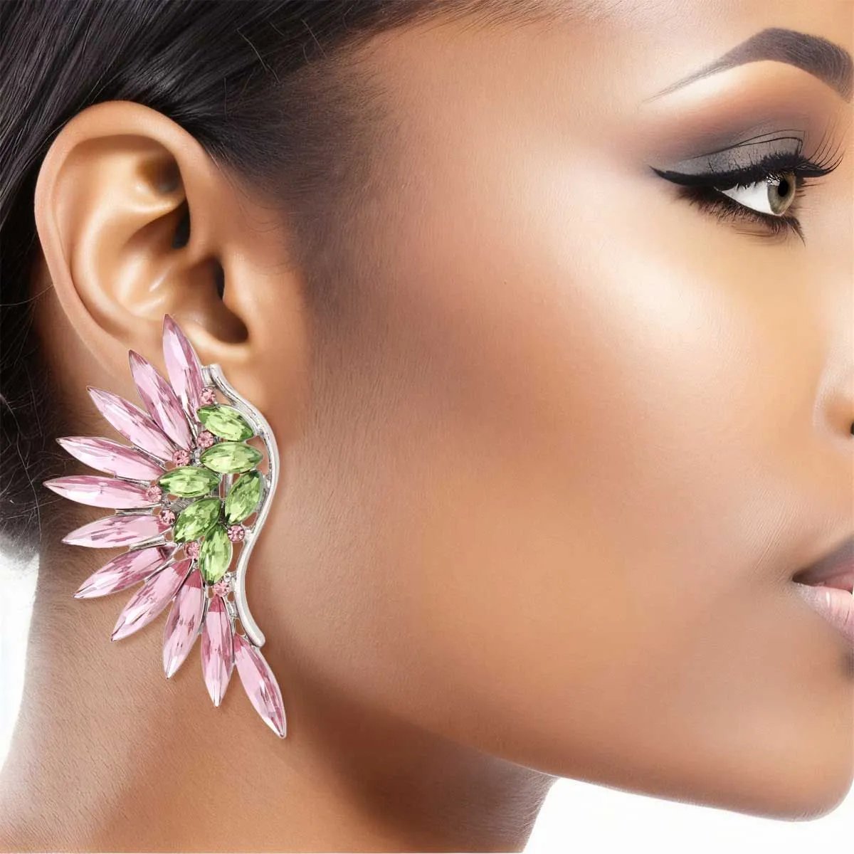 Buy Wing Statement Earrings Pink Green Crystal Clip-Ons