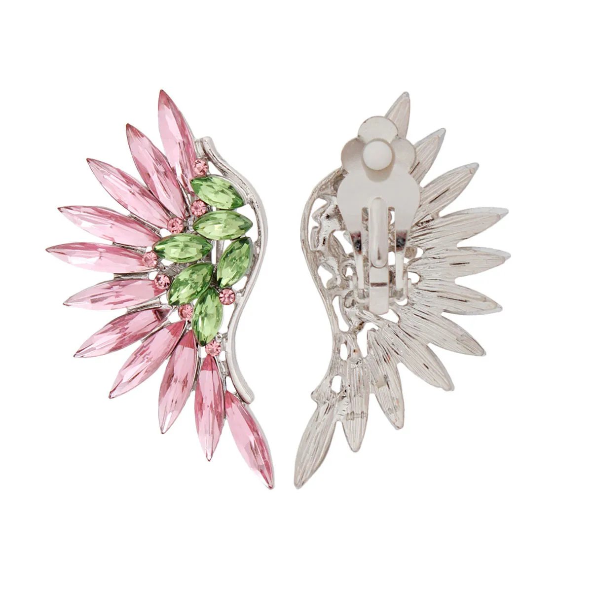 Buy Wing Statement Earrings Pink Green Crystal Clip-Ons