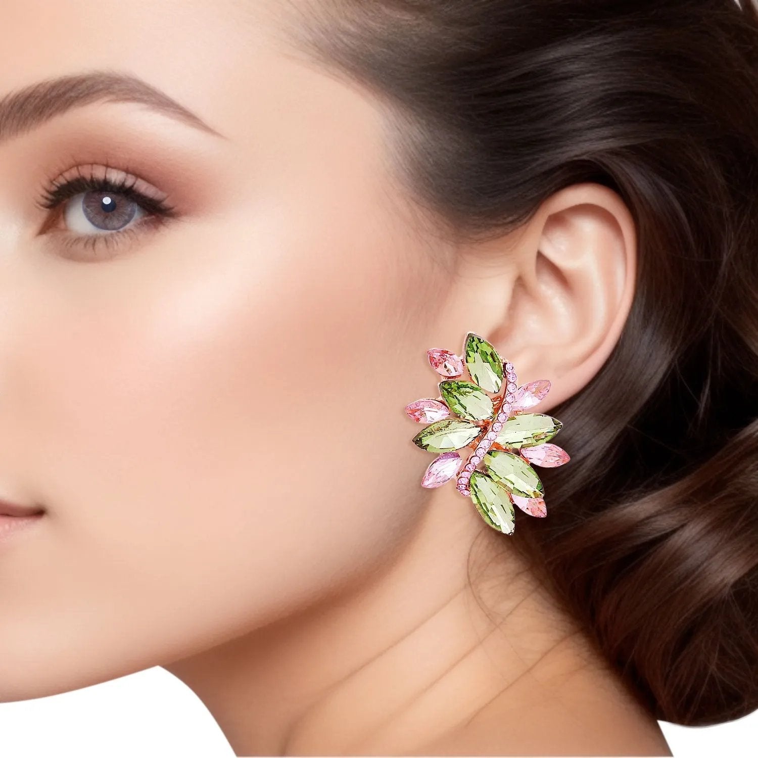 Green Pink Crystal Clip Earrings Gold Tone Marquise Cluster Statement