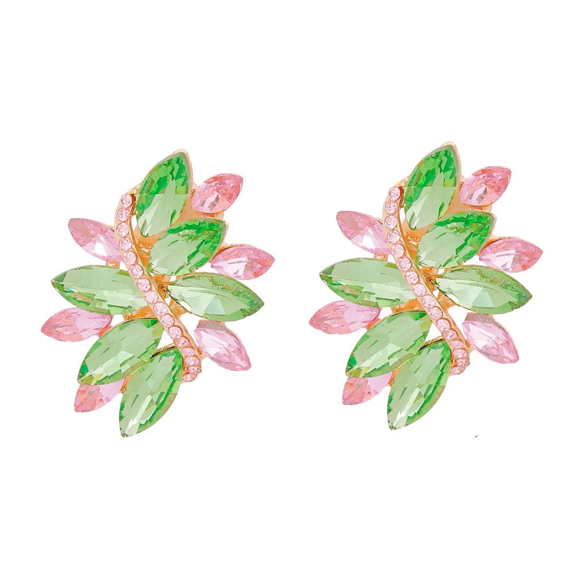 Green Pink Crystal Clip Earrings Gold Tone Marquise Cluster Statement