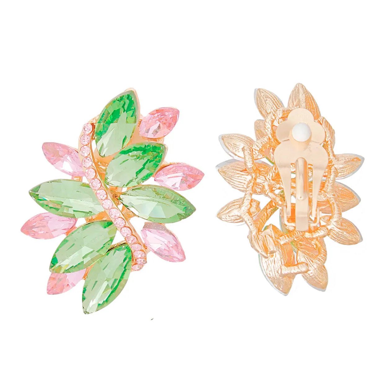 Green Pink Crystal Clip Earrings Gold Tone Marquise Cluster Statement
