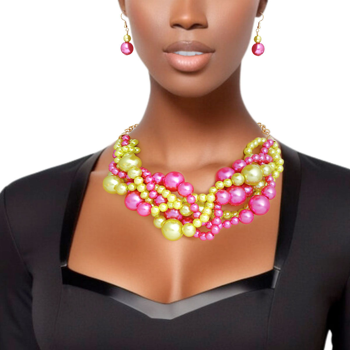 Chunky Acrylic Bead Necklace Set Pink Lime Green Multi Strand Statement | Fashion Jewelry