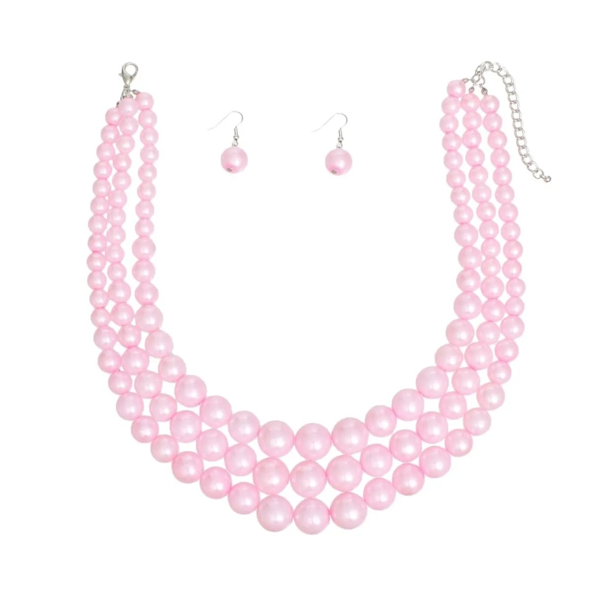 Pink Bubble Gum Pearl Necklace Set – 3-Strand Graduated Acrylic Pearls with Matching Earrings