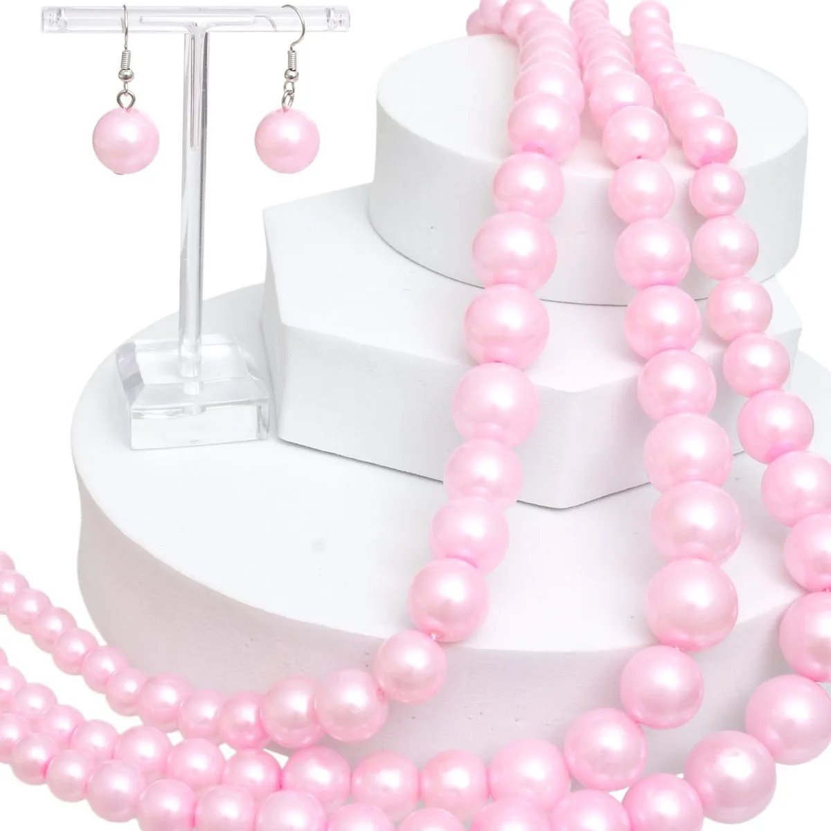 Pink Bubble Gum Pearl Necklace Set – 3-Strand Graduated Acrylic Pearls with Matching Earrings