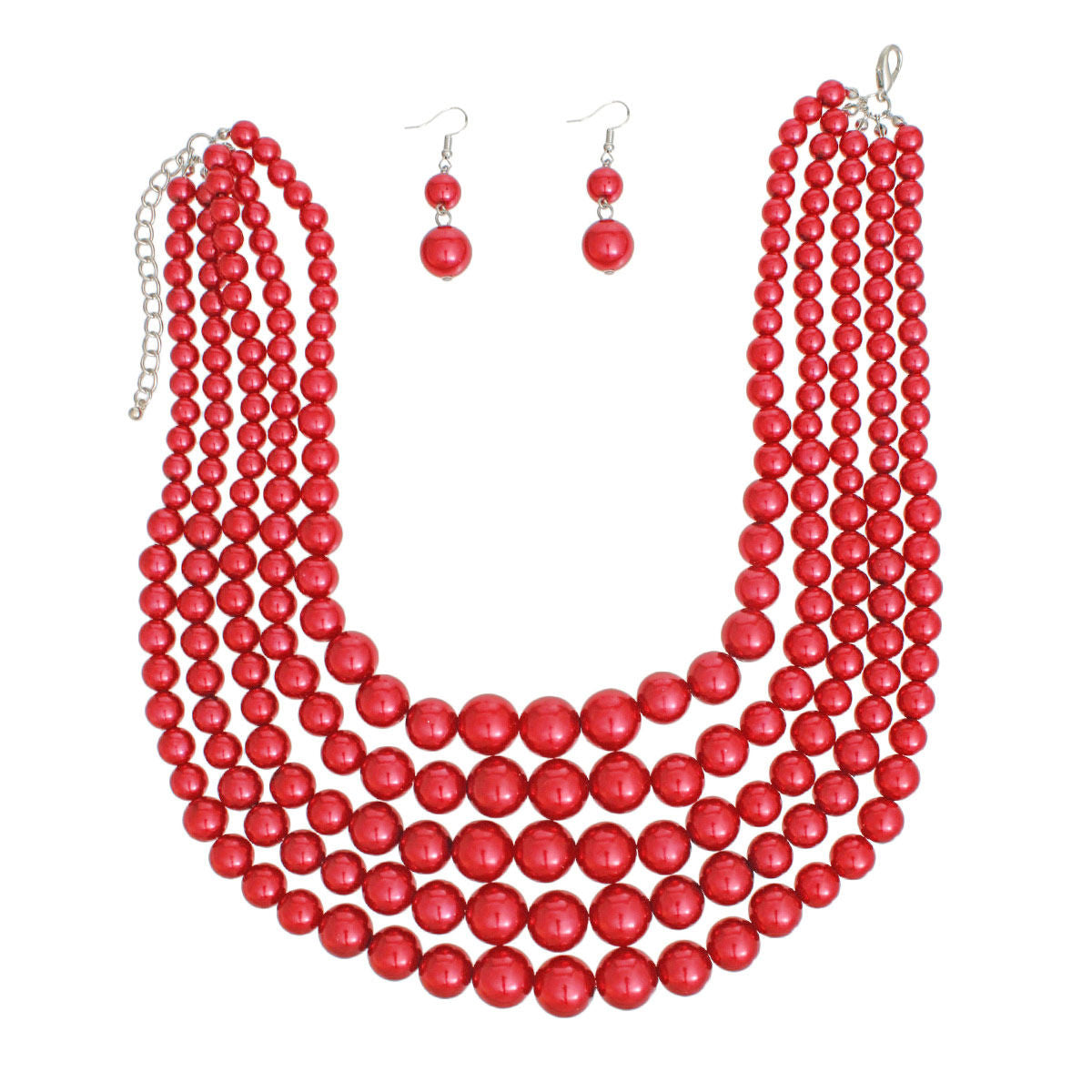 Red Pearl Necklace Set 5 Layer Graduated Multi Strand with Earrings | Fashion Jewelry