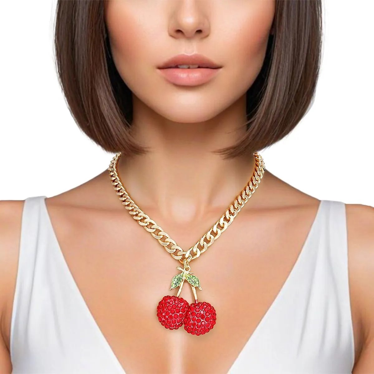 Chunky Gold Tone Cherry Pendant Necklace with Rhinestone Double Cherry & Green Leaf Accent