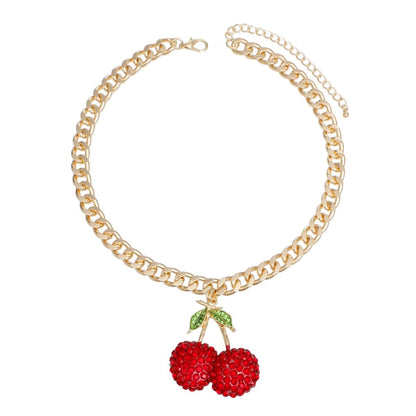 Chunky Gold Tone Cherry Pendant Necklace with Rhinestone Double Cherry & Green Leaf Accent Pinktown