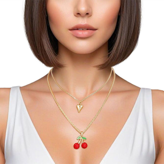 Pendant Cherry Red Double Layer Chain Necklace Pinktown