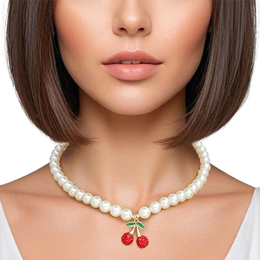 Pendant Cream Pearl Cherry Red Necklace for Women Pinktown
