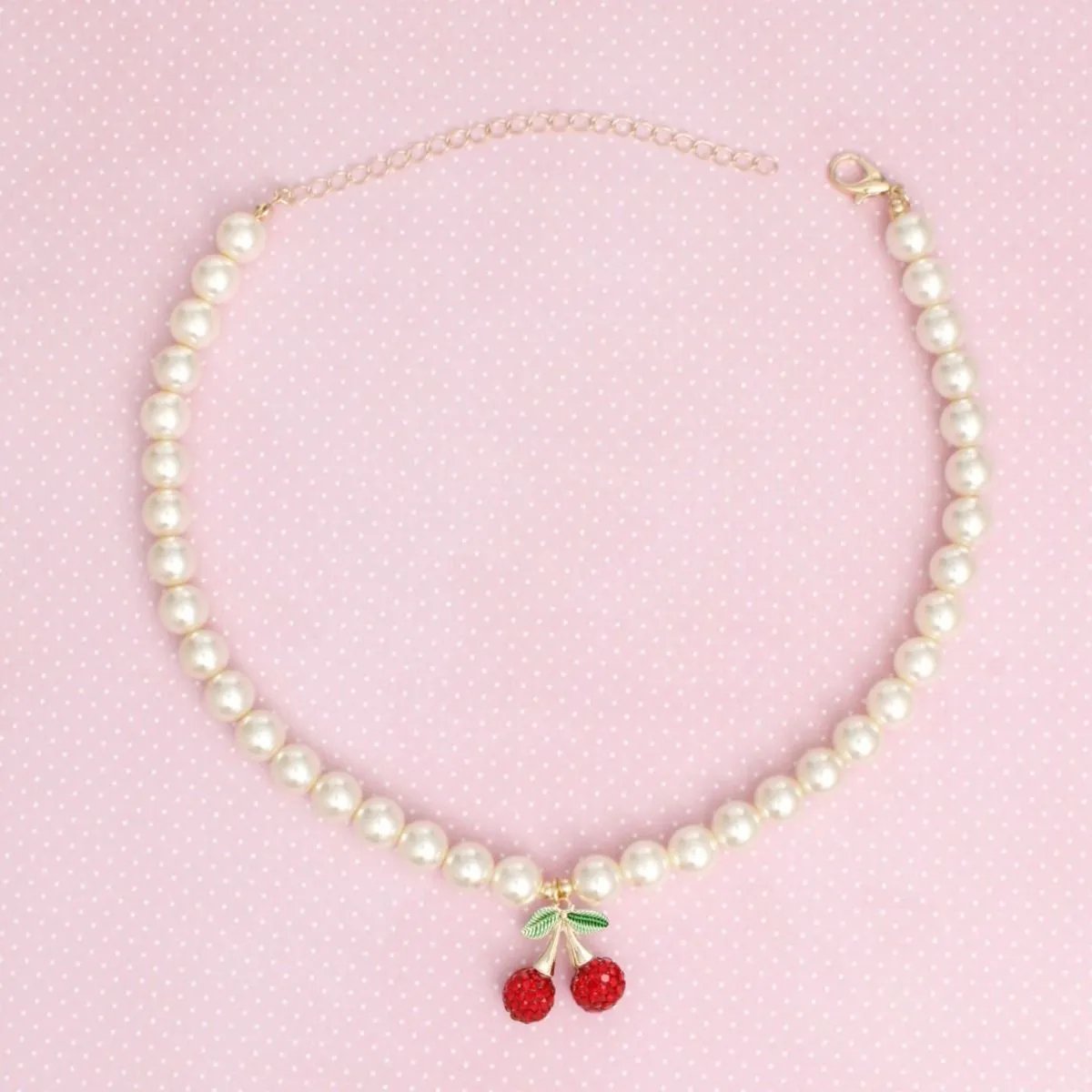 Women's Pearl Choker Necklace with Red Cherry Pendant, Acrylic Pearls, Gold Clasp