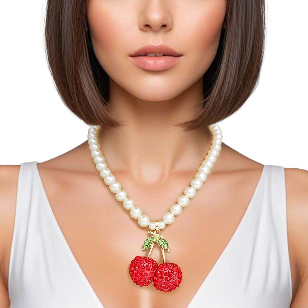 Women's Pearl Pendant Necklace with Chunky Double Red Rhinestone Cherry and Leaf Pendant Pinktown