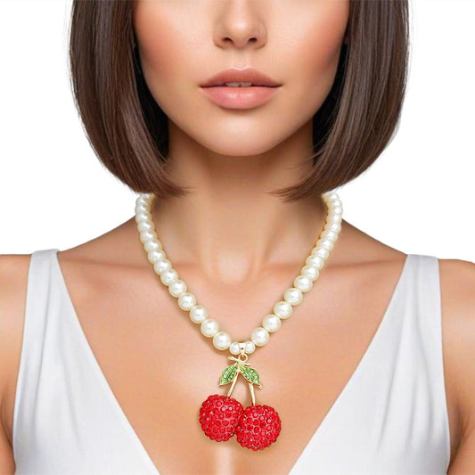 Pendant Cream Pearl Chunky Cherry Red Necklace Pinktown