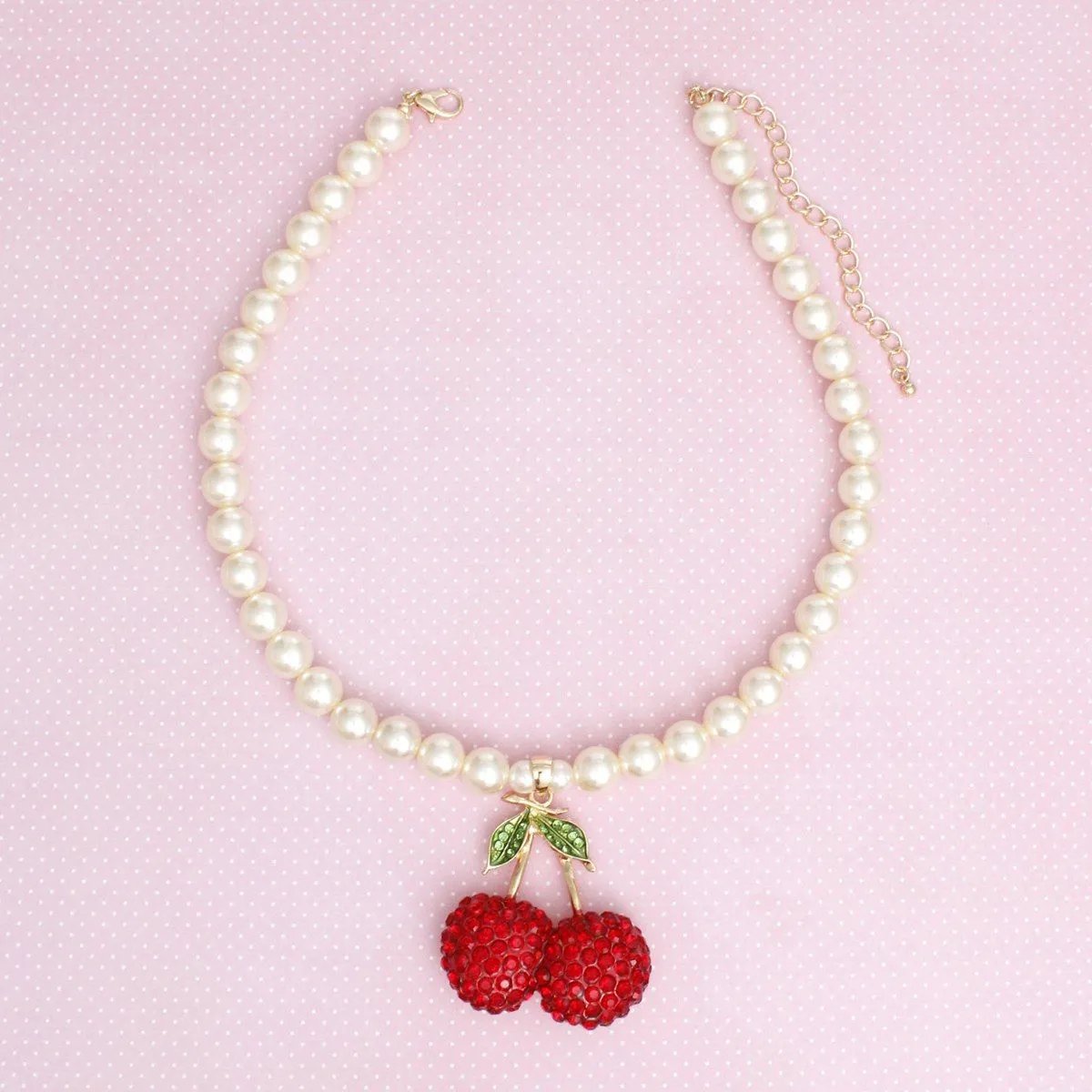 Women's Pearl Pendant Necklace with Chunky Double Red Rhinestone Cherry and Leaf Pendant