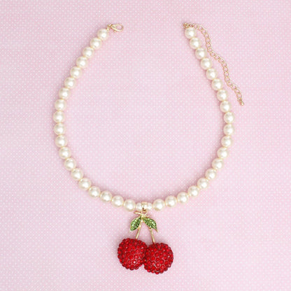 Women's Pearl Pendant Necklace with Chunky Double Red Rhinestone Cherry and Leaf Pendant Pinktown