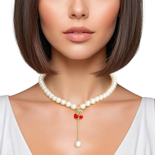 Acrylic Pearl Cherry Necklace with Double Heart Charm, Red Rhinestones & Gold Chain Accent Pinktown