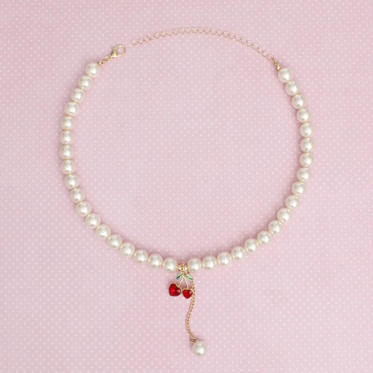 Acrylic Pearl Cherry Necklace with Double Heart Charm, Red Rhinestones & Gold Chain Accent