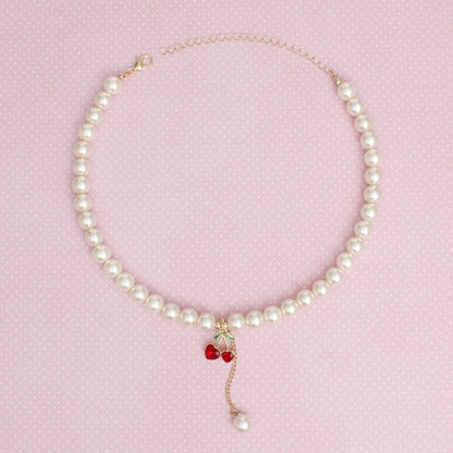 Acrylic Pearl Cherry Necklace with Double Heart Charm, Red Rhinestones & Gold Chain Accent Pinktown