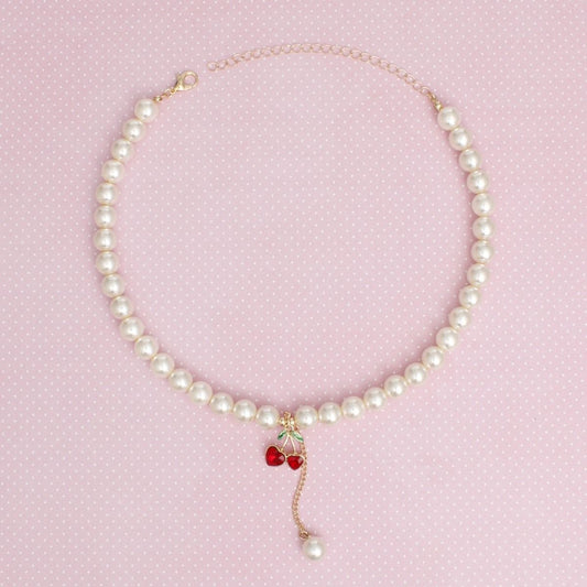 Acrylic Pearl Cherry Necklace with Double Heart Charm, Red Rhinestones & Gold Chain Accent Pinktown