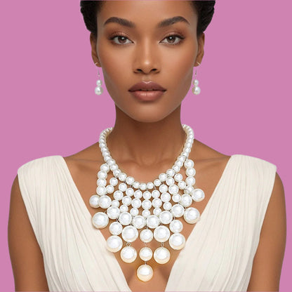 Elegant Layered Faux Pearl Necklace and Earring Set – Statement Fashion Jewelry for Special Occasions Pinktown