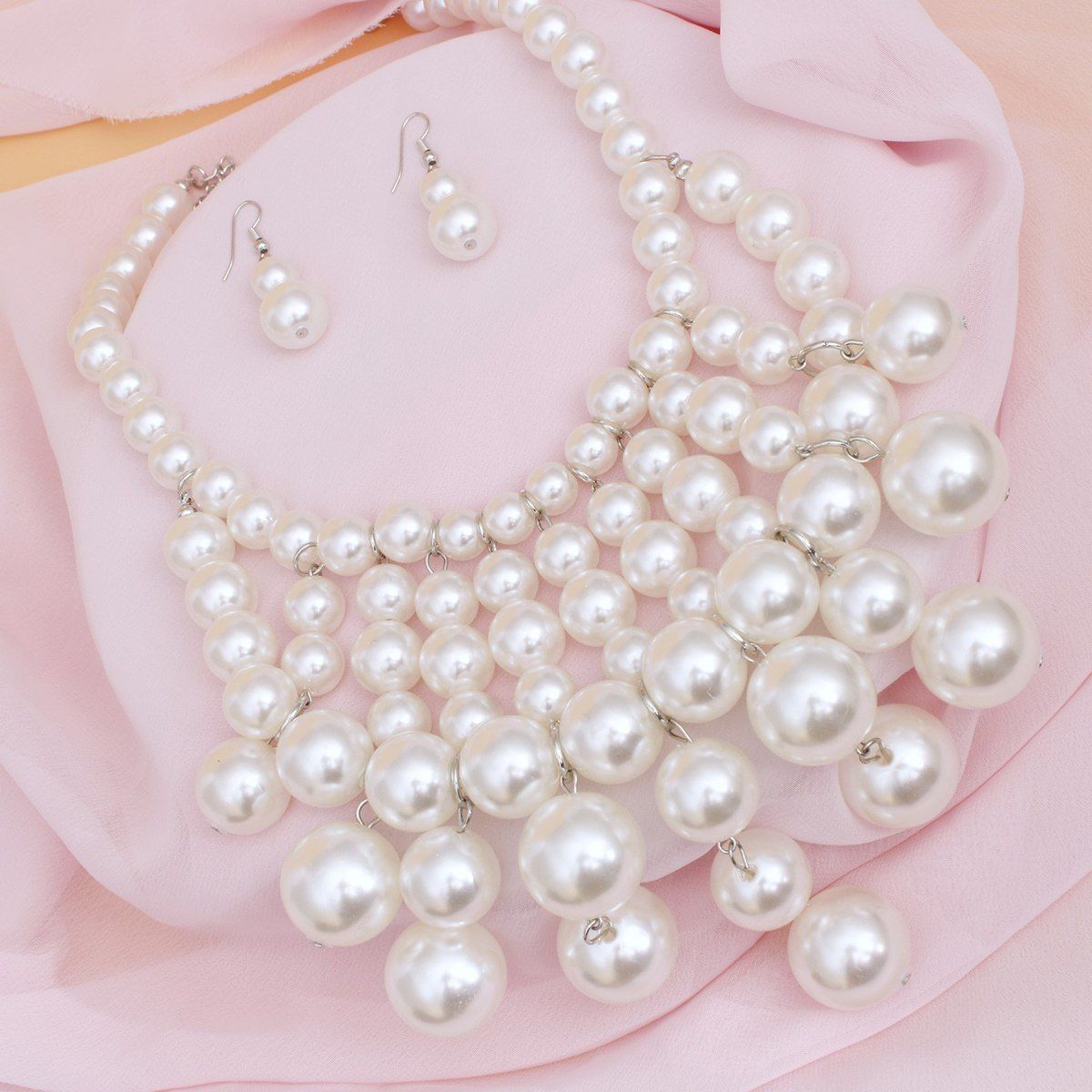 Elegant Layered Faux Pearl Necklace and Earring Set – Statement Fashion Jewelry for Special Occasions Pinktown