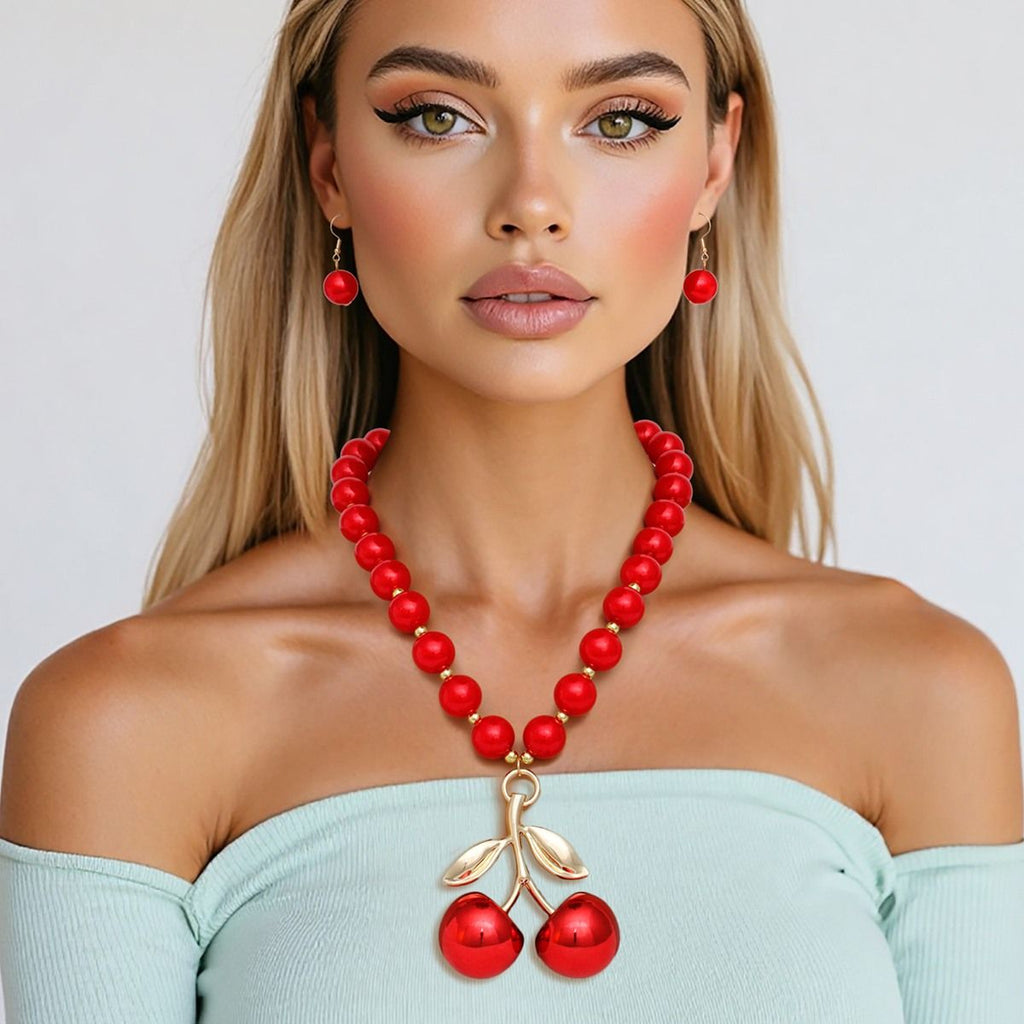 Red Cherry Pendant Necklace with Gold and Matching Earrings Set | Fashion Jewelry