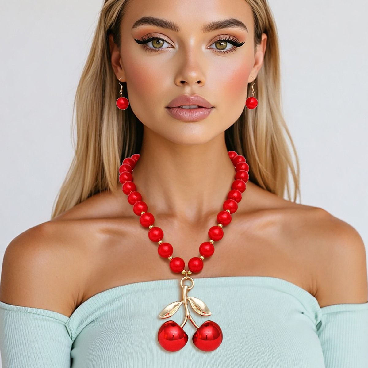 Red Cherry Pendant Necklace with Gold and Matching Earrings Set | Fashion Jewelry