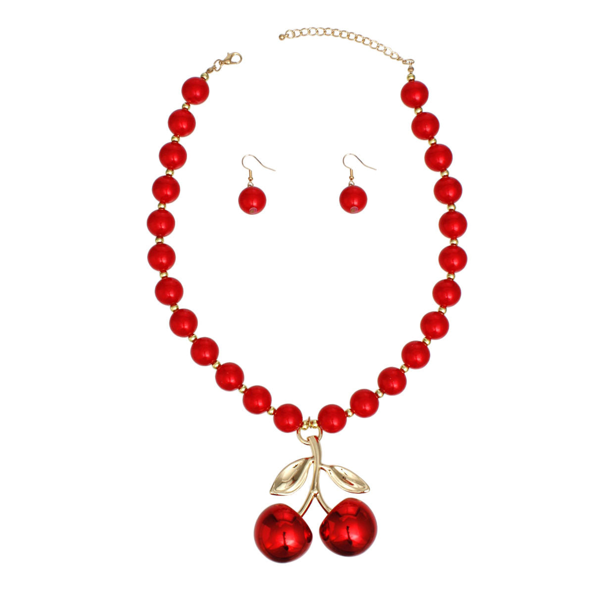 Red Cherry Pendant Necklace with Gold and Matching Earrings Set | Fashion Jewelry
