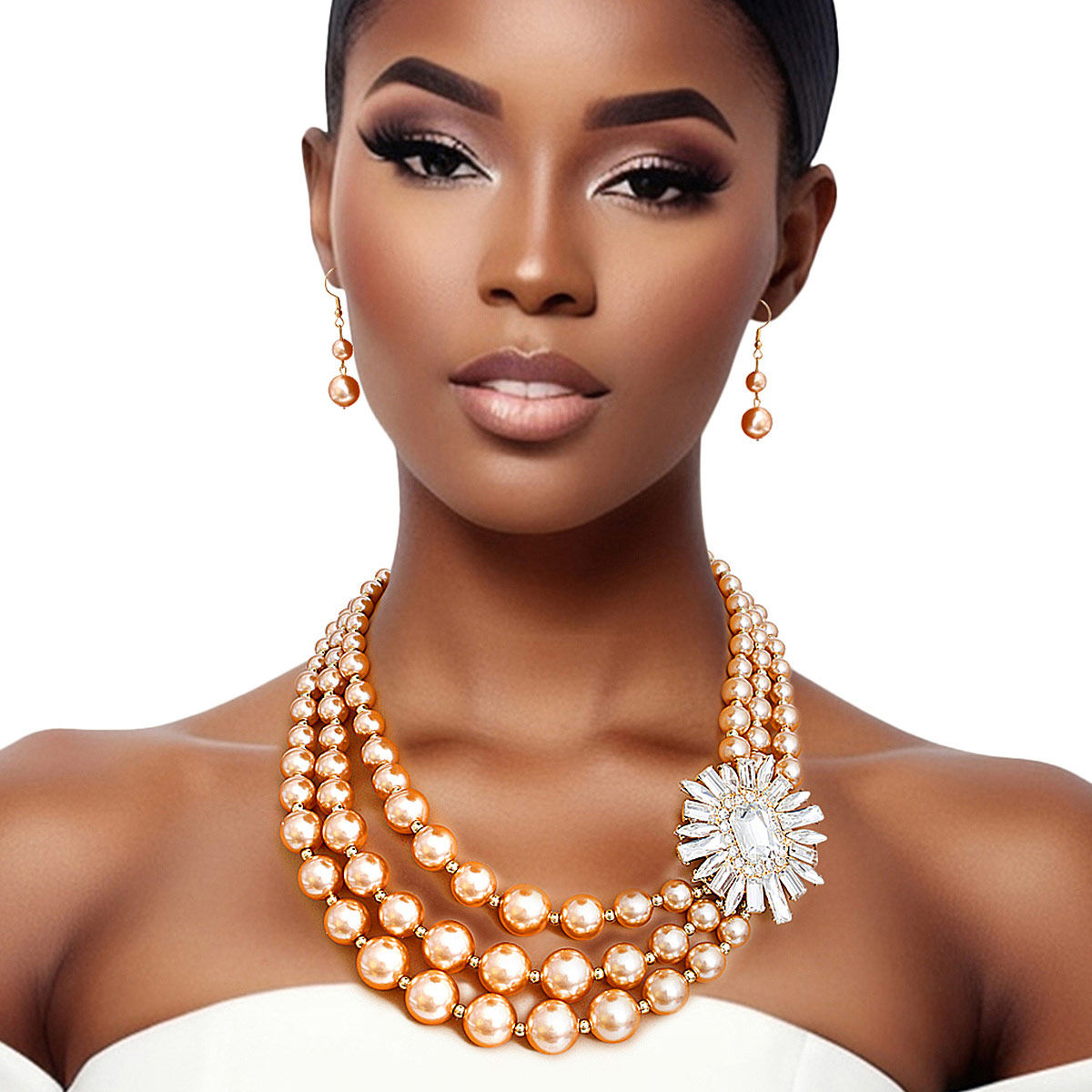 Vintage-Inspired Pearl Necklace Set Triple Strand Crystal Floral Accent | Fashion Jewelry