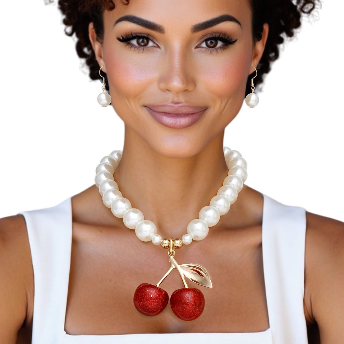 Cherry Drop Pearl Necklace with Earrings | Fashion Jewelry