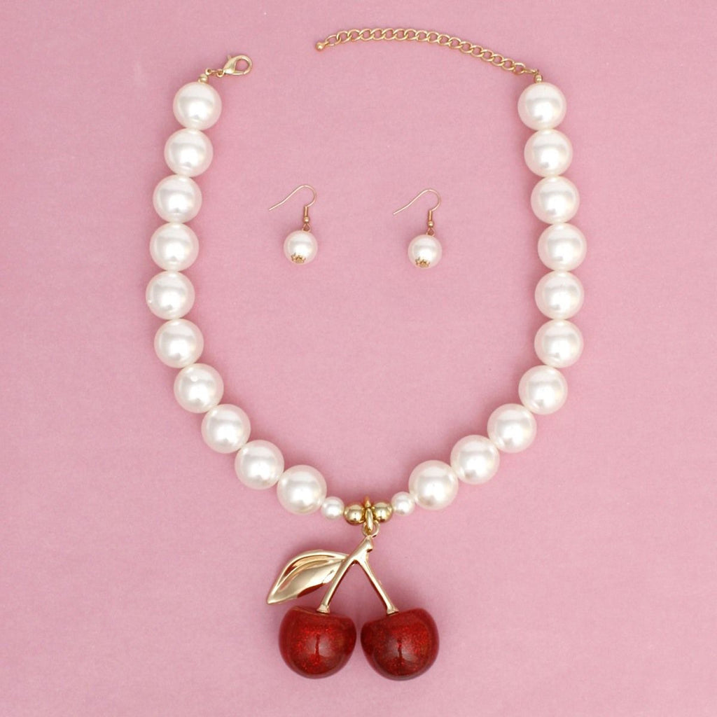 Cherry Drop Pearl Necklace with Earrings | Fashion Jewelry