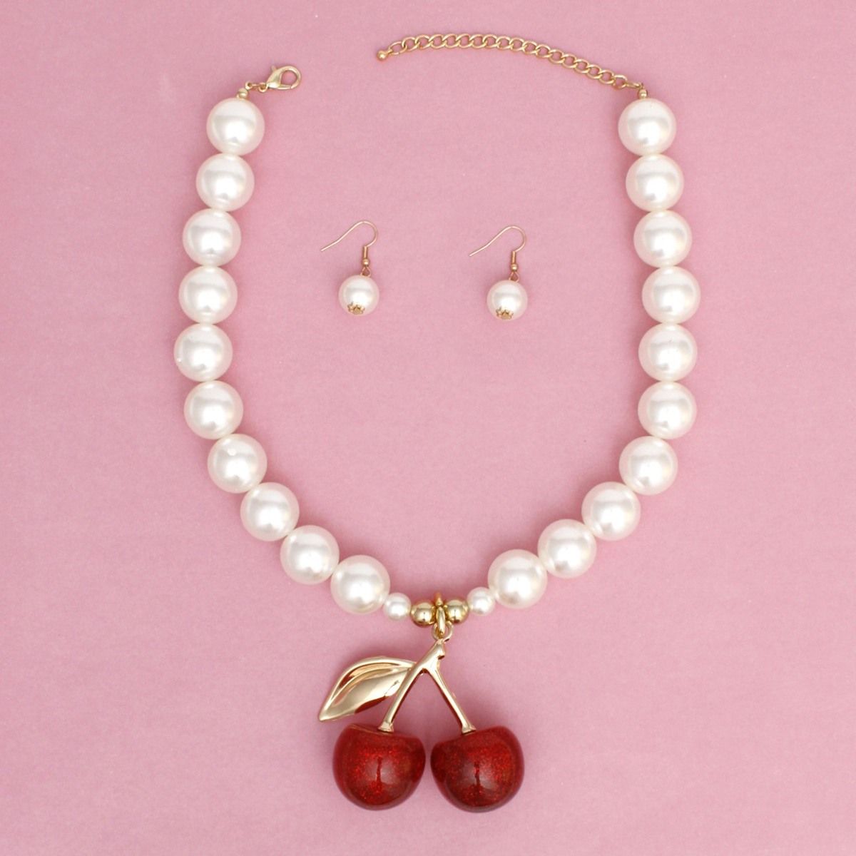Cherry Drop Pearl Necklace with Earrings | Fashion Jewelry