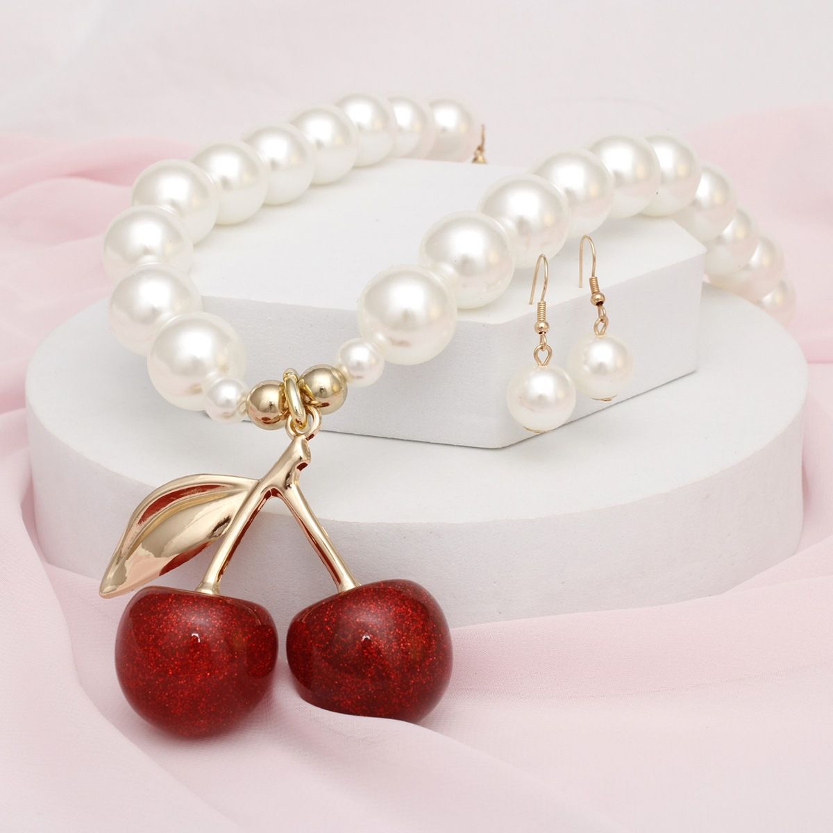Cherry Drop Pearl Necklace with Earrings | Fashion Jewelry