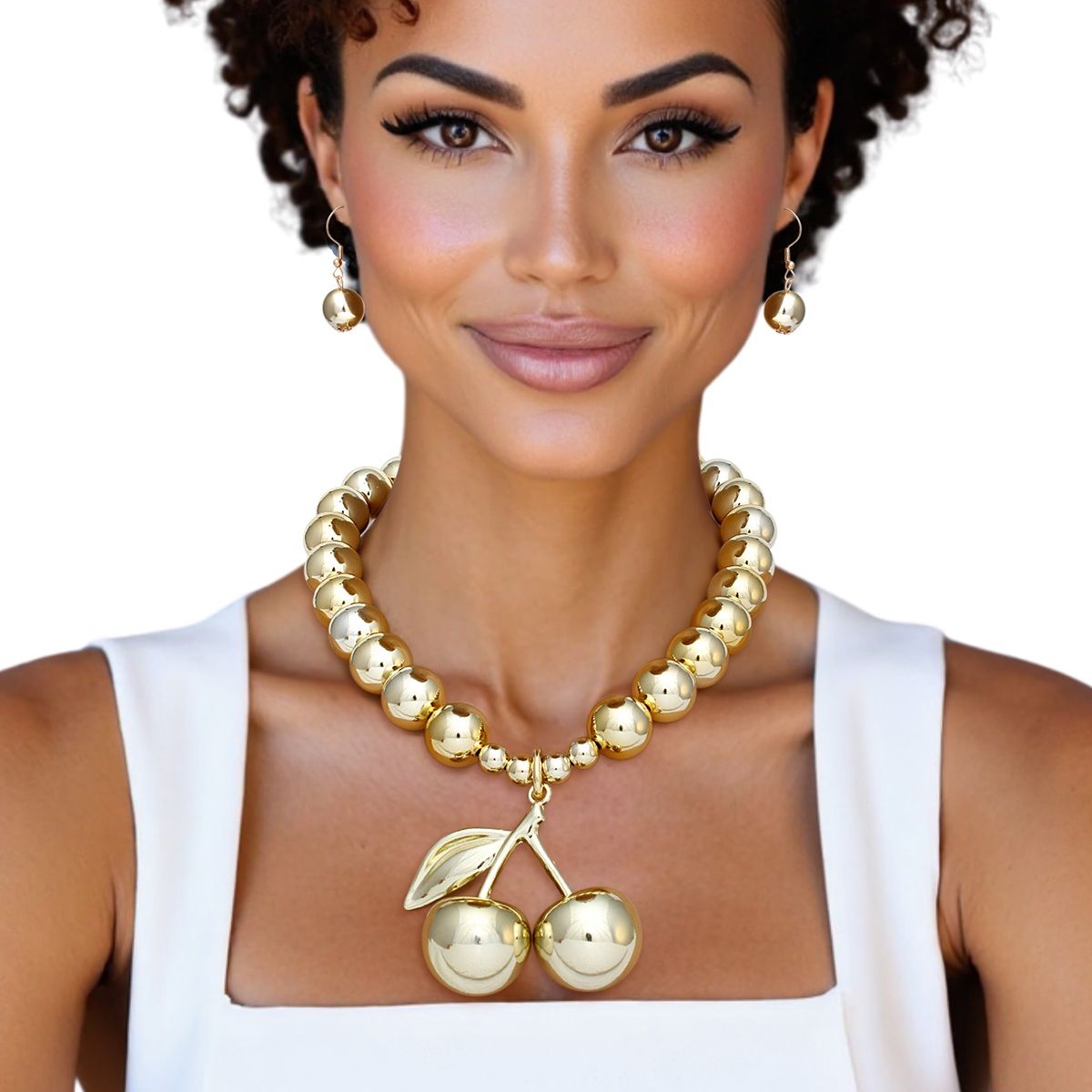 Gold Cherry Necklace Set with Chunky Double Cherry Pendant and Earrings | Fashion Jewelry