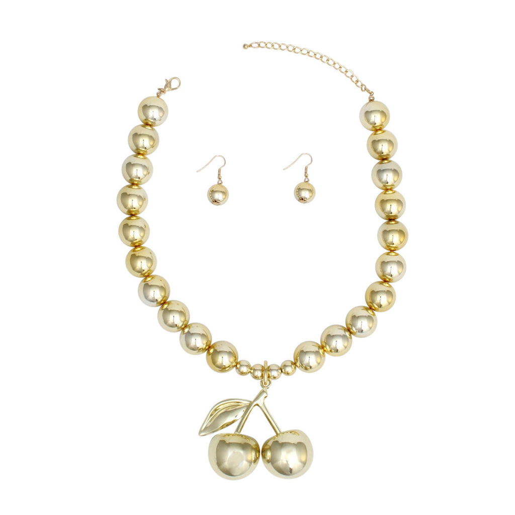Gold Cherry Necklace Set with Chunky Double Cherry Pendant and Earrings | Fashion Jewelry