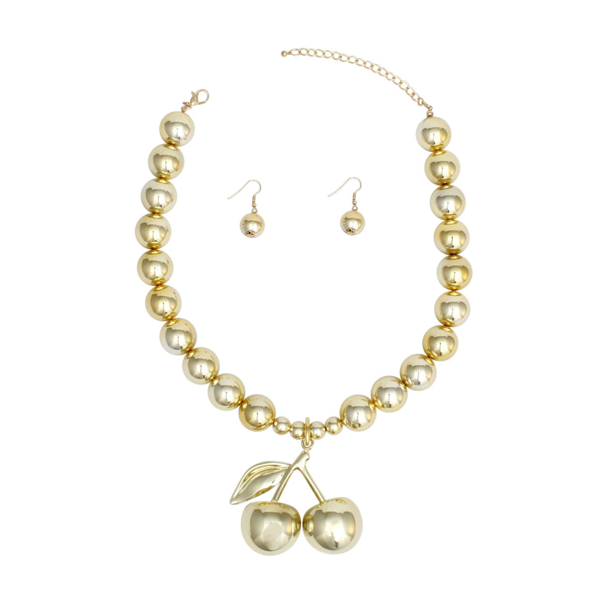 Gold Cherry Necklace Set with Chunky Double Cherry Pendant and Earrings | Fashion Jewelry