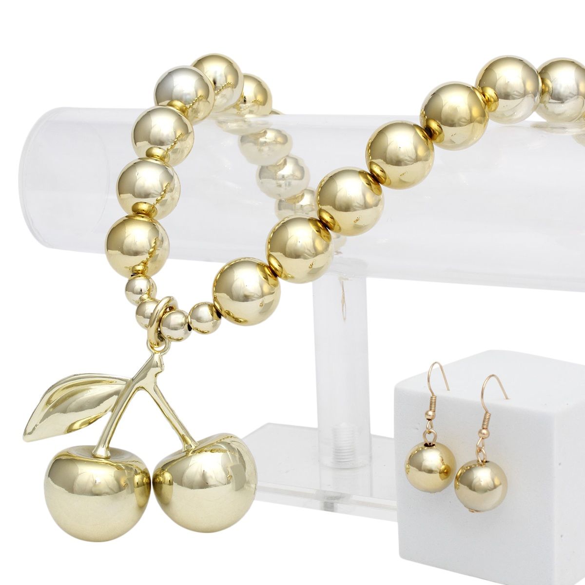 Gold Cherry Necklace Set with Chunky Double Cherry Pendant and Earrings | Fashion Jewelry