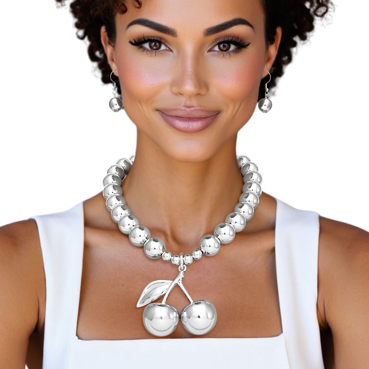 Silver Cherry Necklace Set with Chunky Double Cherry Pendant and Earrings | Fashion Jewelry