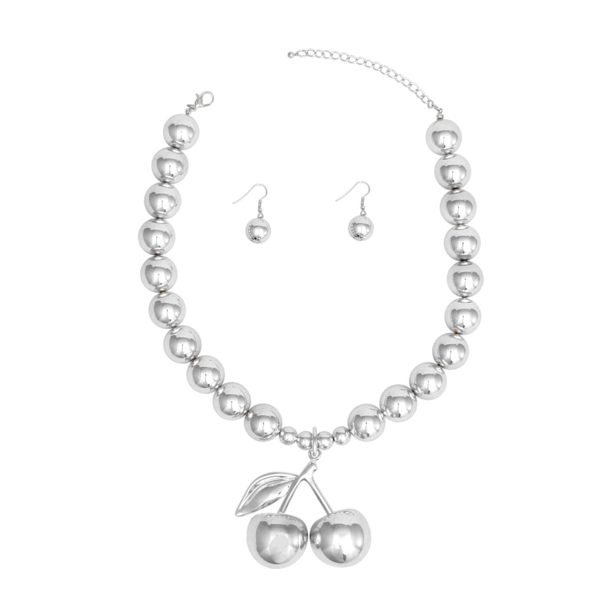 Silver Cherry Necklace Set with Chunky Double Cherry Pendant and Earrings | Fashion Jewelry