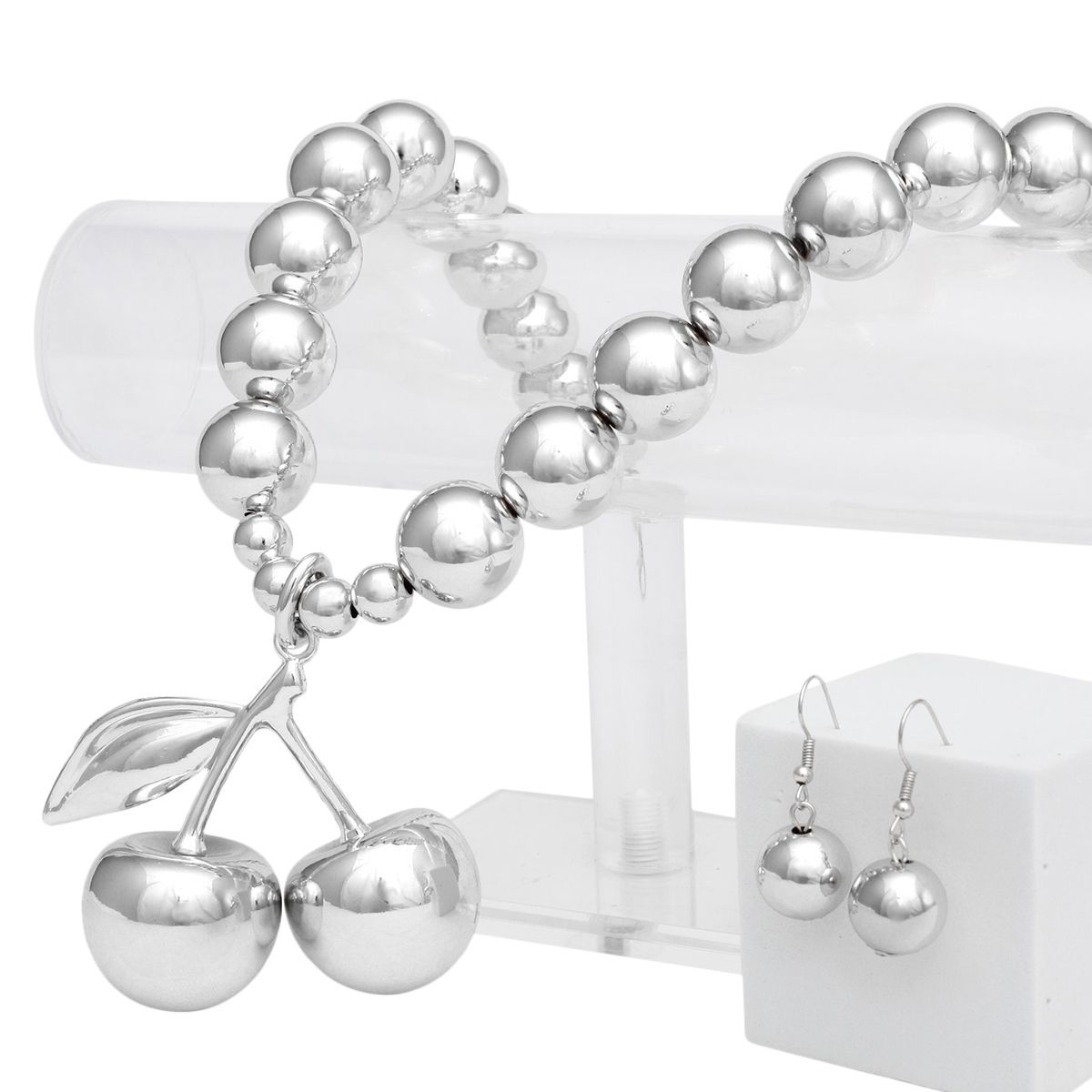 Silver Cherry Necklace Set with Chunky Double Cherry Pendant and Earrings | Fashion Jewelry