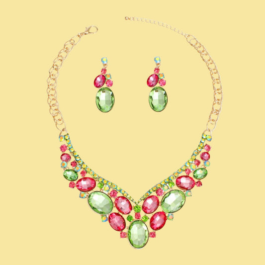 Luxe Pink and Green Crystal Statement Necklace Set - Formal Event Glamour