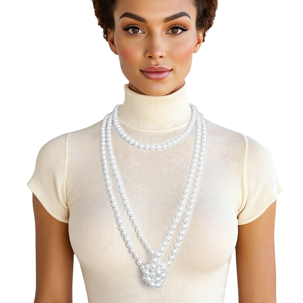 White Glass Pearl Strand Necklace 96-Inch Hand Knotted Bridal Wedding Accessory