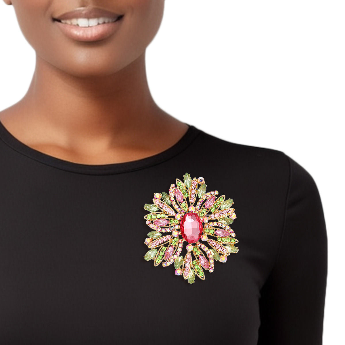 Pink Green Floral Brooch Statement Pin | Fashion Jewelry