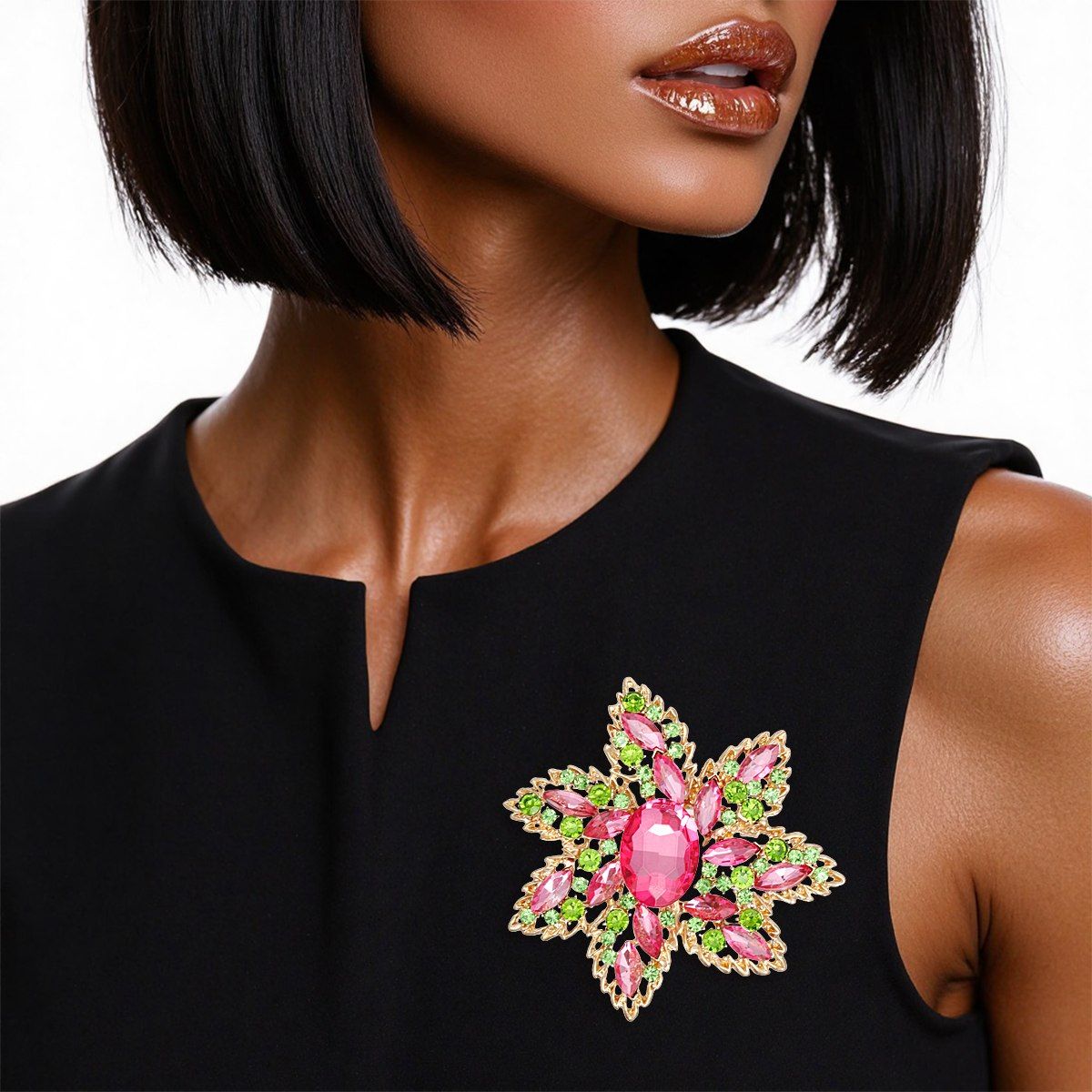 Vintage Inspired Rhinestone Brooch Pink Green Flower Pin